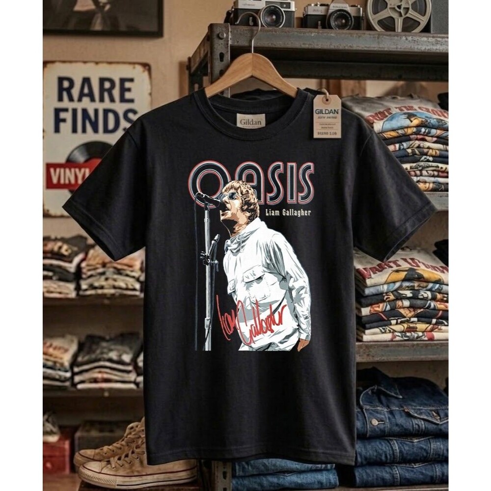 Oasis Liam Gallagher Vintage 90s Britpop Band Graphic Tee Black Heavy Cotton Tee